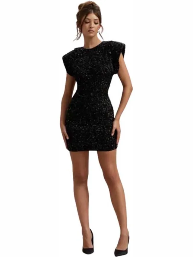 RedParrot Elegante Glitter Zwart Jurk - Dress - Schouders - Galajurk - Dames - Glans