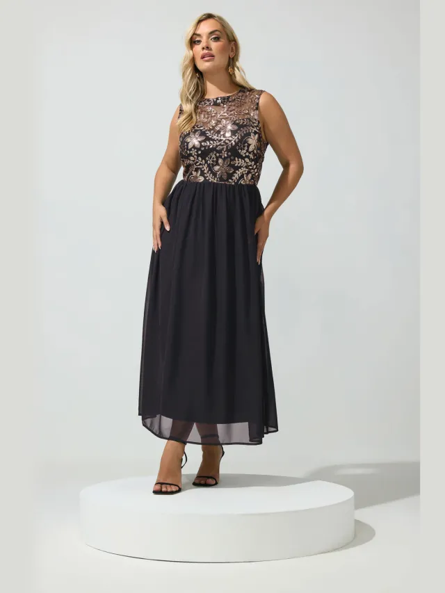 Yours London Yours Zwarte Maxijurk Met Bloemenprint En Paillettensize 44 Black