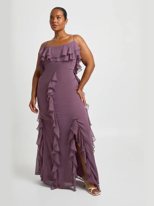 boohoo Dames Plus Chiffon Ruches Cold Shoulder Maxi Jurk Roos