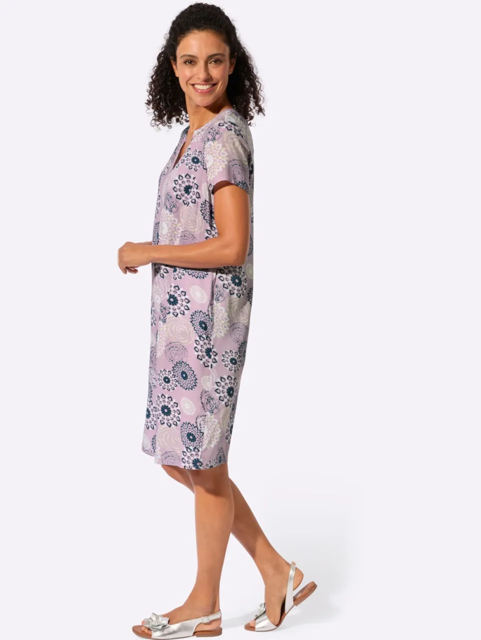 Geweven jurk mauve/donkerblauw bedrukt