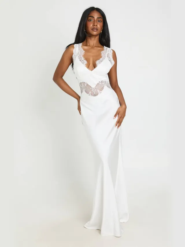 boohoo Dames Crinkle Getextureerde Satijnen & Kanten Maxi Jurk Ivoor