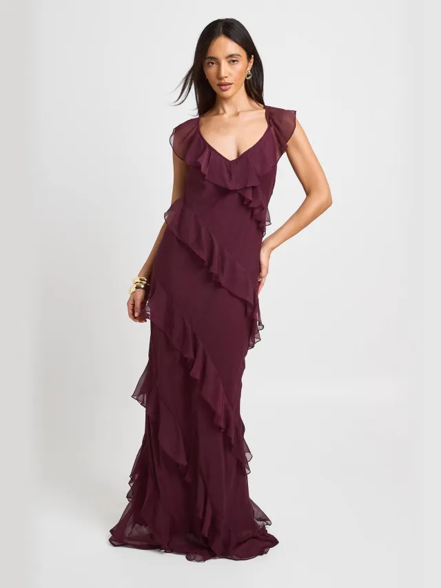 boohoo Dames Chiffon Maxi Jurk Met Ruche Detail Pruim