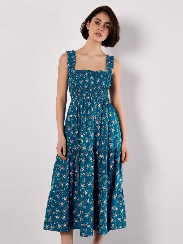 Apricot Midi-jurk met smockwerk en orchideeënprint Blauw