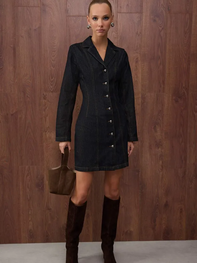 Trendyol TRENDYOLMİLLA Dames Donkerblauw Effen Extra Kort / Super Mini Lang Casual Blazer Jurk Jurken