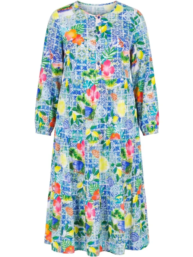 Angel of Style Dames - Maxi-jurk Capri-motief lange mouw volants - Blauw