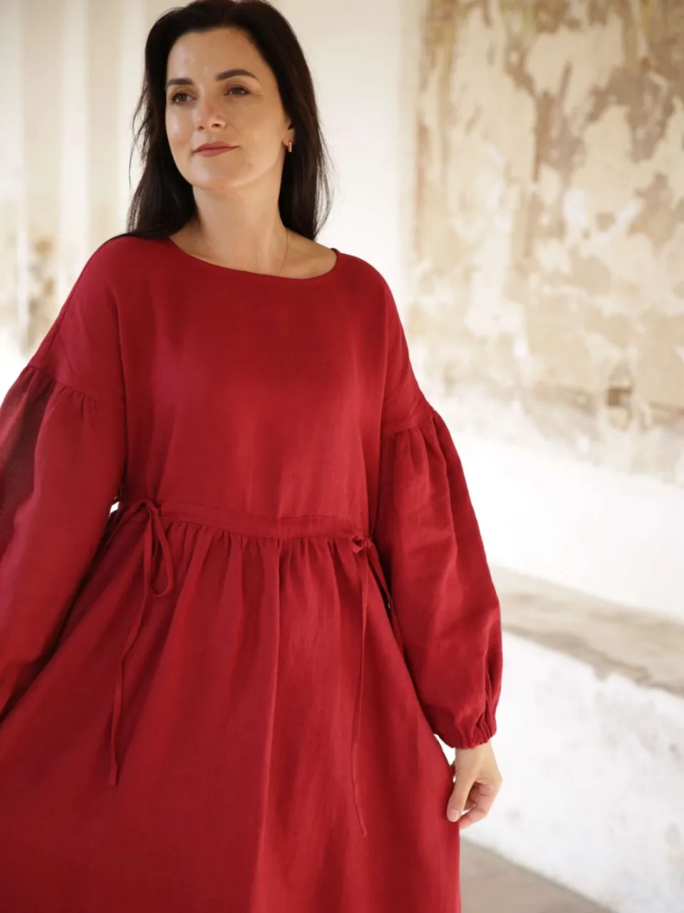 Amber Linen dames vegan Maxi Jurk Verona Rood, foto 2
