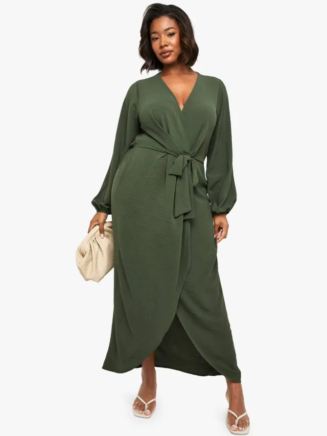 boohoo Dames Plus Textured Tie Detail Maxi Jurk Olijf