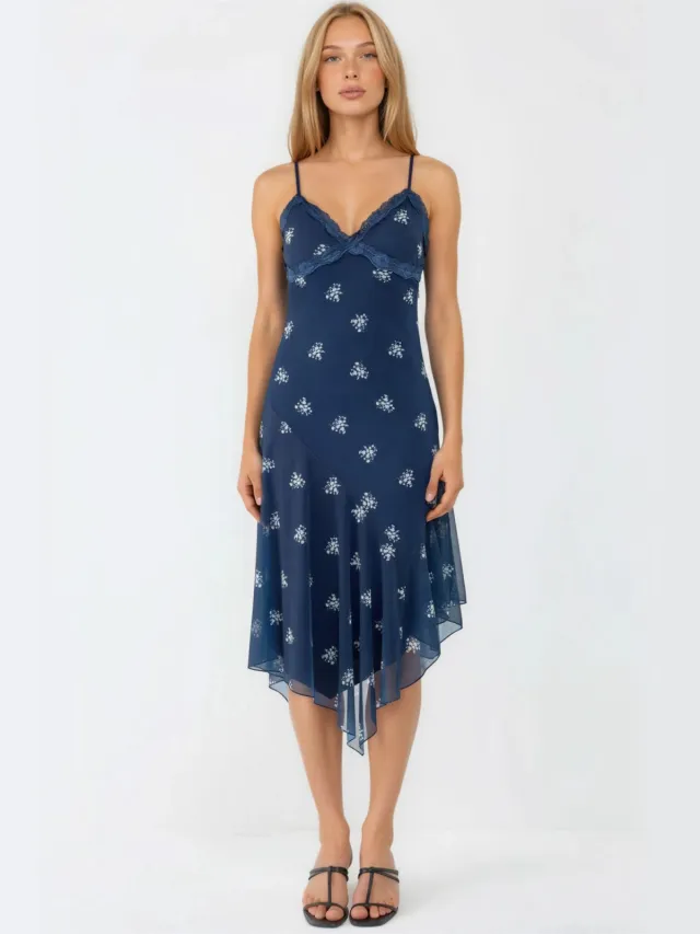 Hiccup V-hals Gedrukt Bodycon Maxijurk met Kantdetail Marineblauw