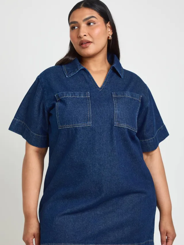 boohoo Dames Plus Boxy Korte Mouw Denim Jurk Indigo