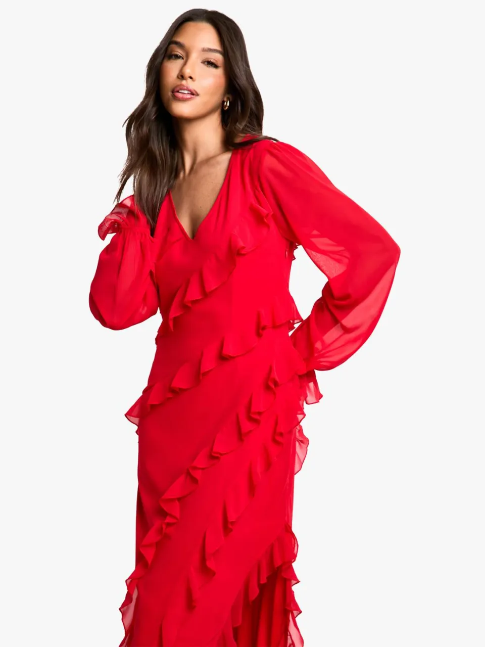 boohoo Dames Ruffle lange mouw chiffon maxi-jurk rood, foto 2