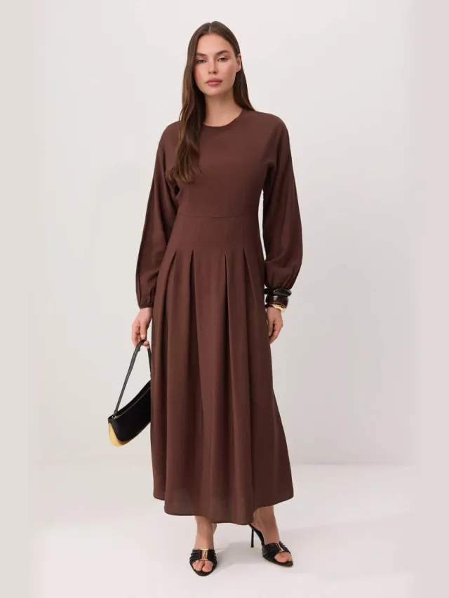 Trendyol Modest Dames Bruin Effen Maxi Lang Skater Modest Jurken