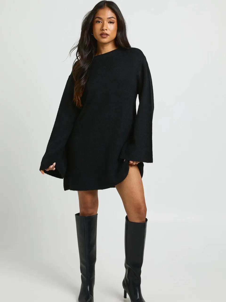 boohoo Dames Petite Gebreide Mini-jurk Met Ronde Hals En Uitlopende Mouwen zwart, foto 2