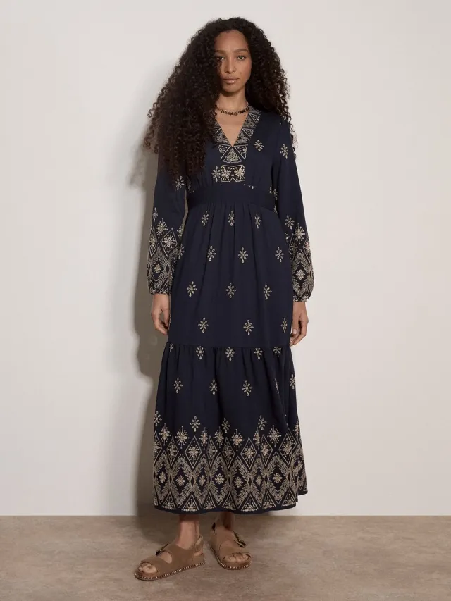 Apricot Boho geborduurde maxi-jurk Marine