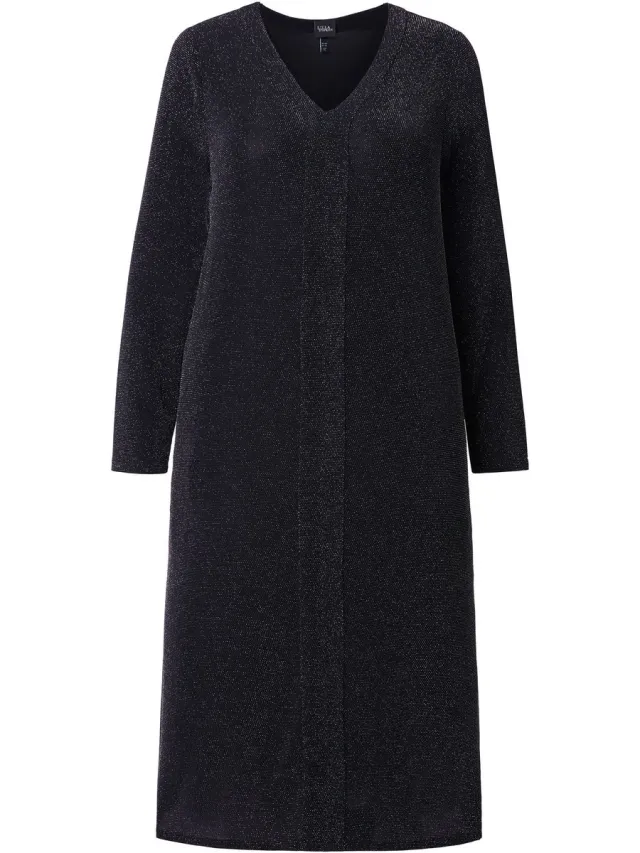 Ulla Popken Dames - Midi-jurk met glitters A-lijn V-hals lange mouwen - Zwart - Maat 46+