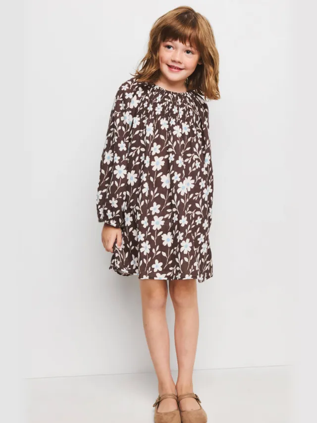 Mango Kids gebloemde korte jurk met smockwerk lichtblauw Donkerbruin/wit/lichtblauw