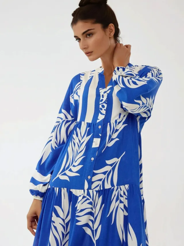 Hiccup Bedrukte Lange Mouw Viscose Maxi Jurk Saffier