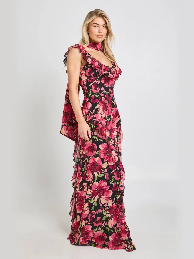 boohoo Dames Maxi Jurk Met Bloemenprint, Ruches En Sjaal Roze
