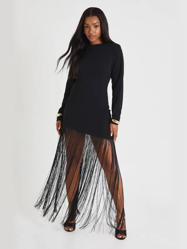 boohoo Dames MINI-JURK MET SCHOUDELVULLING EN FRANJES Zwart