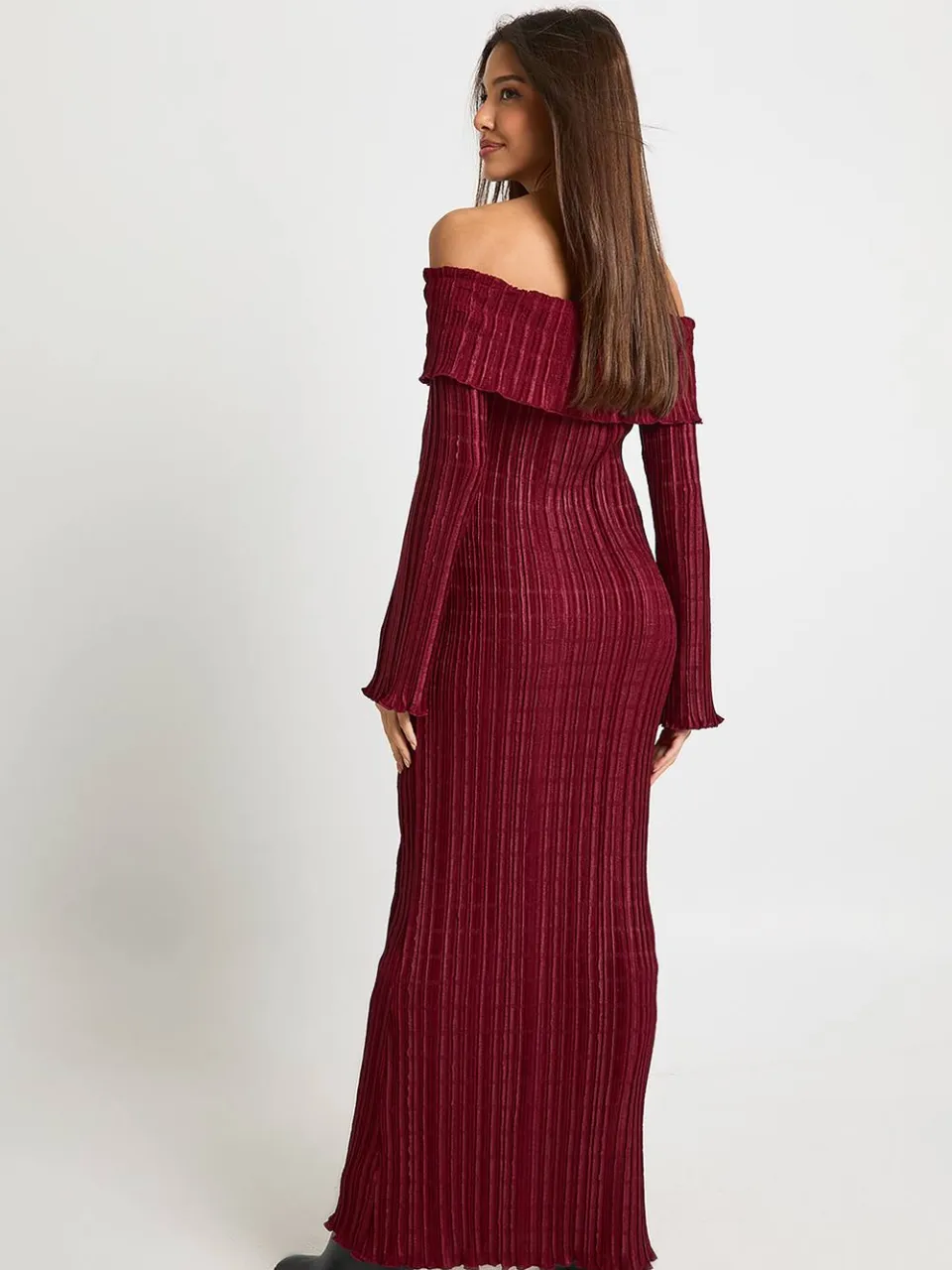 boohoo Dames Getextureerde Bardot Maxi-jurk wijn, foto 2