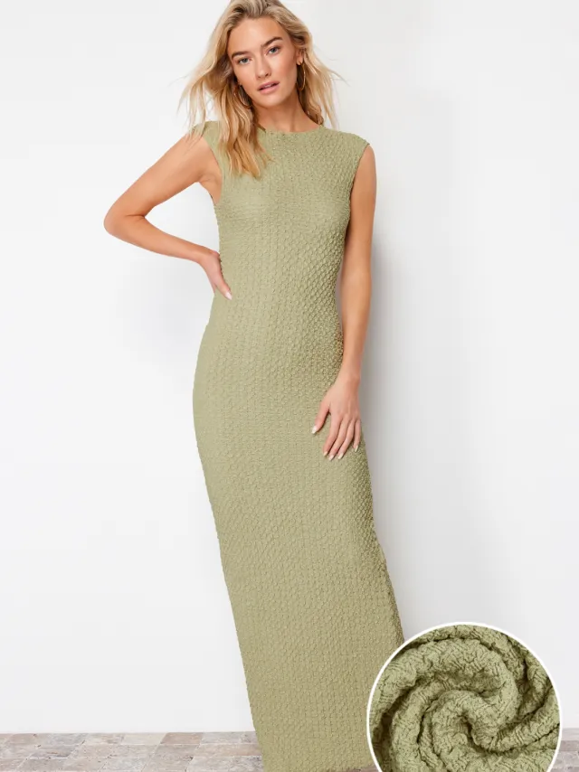 Trendyol TRENDYOLMİLLA Dames Kaki Effen Maxi Mouwloos Casual Bodycon Jurken