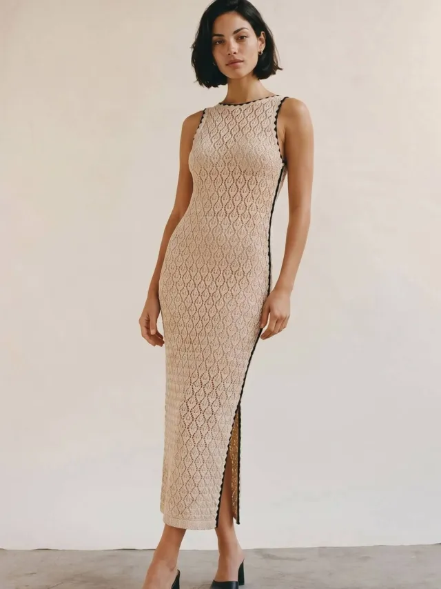 Aware maxi jurk crochet - beige Beige/zwart