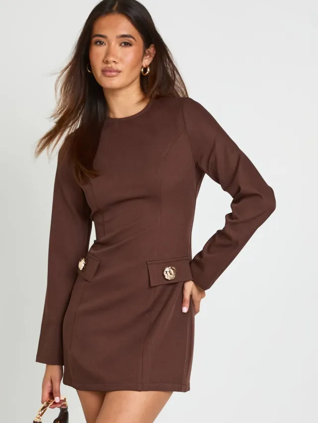 boohoo Dames Getailleerde A-lijn Mini Jurk Met Lange Mouwen Chocoladebruin