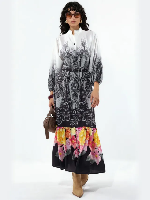 MSN Collection Bloemenriem Midi Jurk Veelkleurig