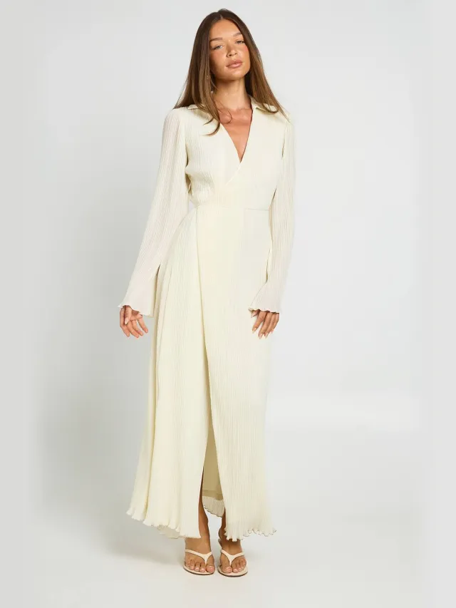 boohoo Dames Premium Plisse Wikkel Maxi Jurk Crème