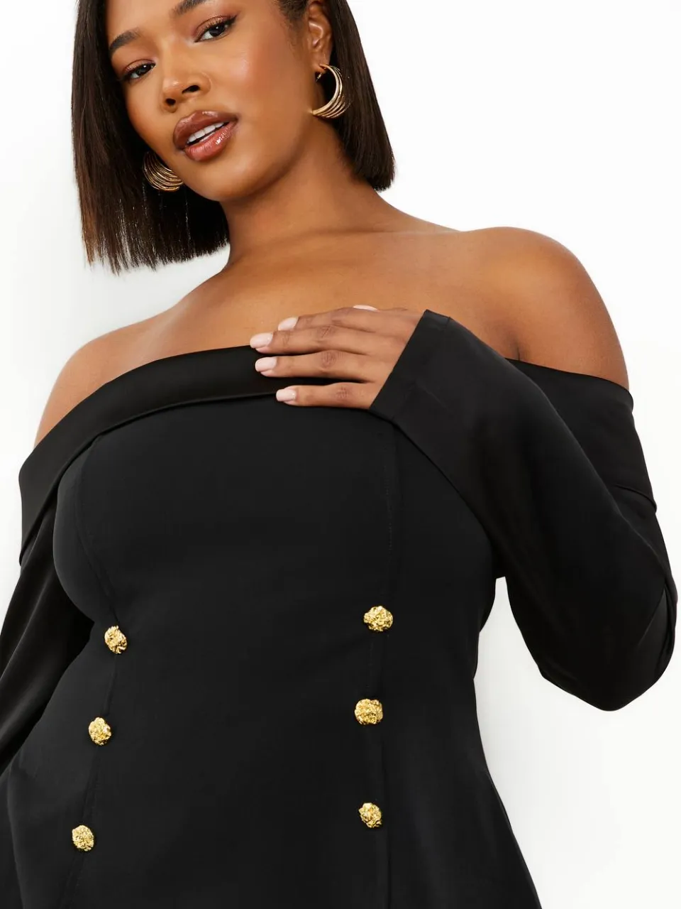 boohoo Dames Plus Gouden Knoop Bardot Skaterjurk, foto 4
