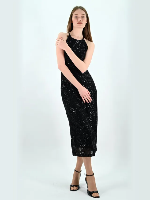 YESMOOI Cocktailjurk met Pailletten - Zwart - Sequinned Midi Dress - XL (42)