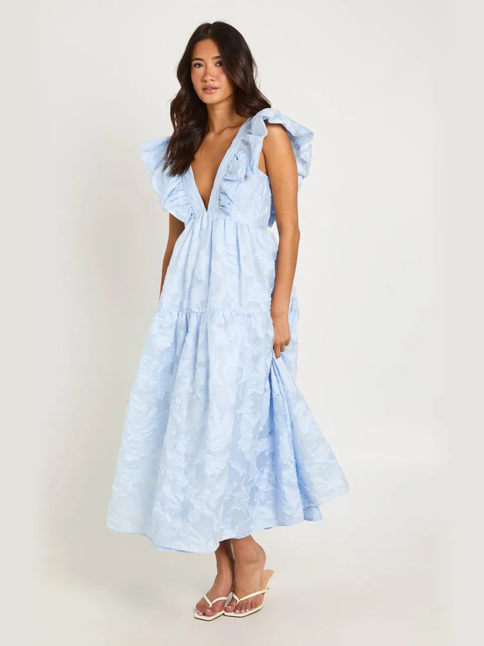 boohoo Dames Burnout Jurk Met Rijgdetail En Ruches Zoom Midaxi pastelblauw, foto 3