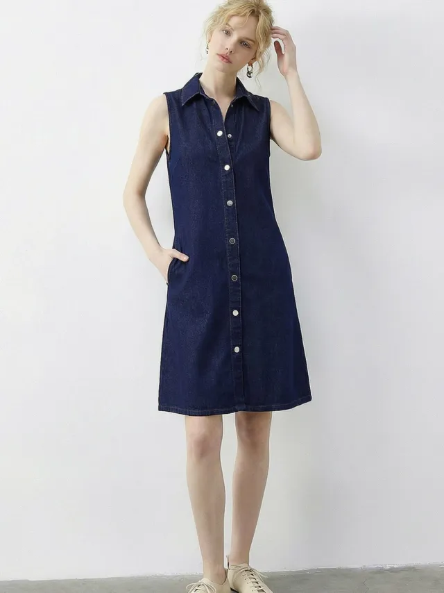 Bianco Lucci Mini Jeansjurk met Hemdenkraag en Zak Marineblauw