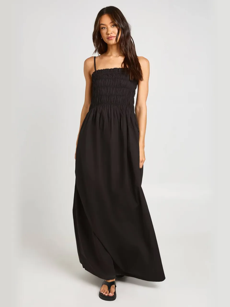 boohoo Dames Lange Katoenen Poplin Maxi-jurk Met Gerimpeld Lijfje zwart, foto 2