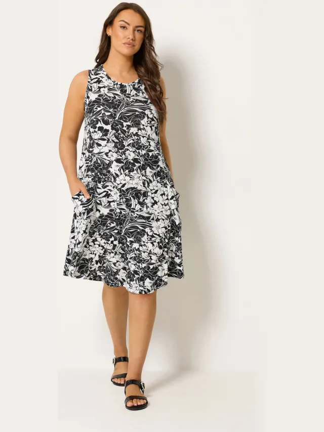 Yours Zwarte Gedrapeerde Jurk Met Bloemenprint En Zakken Black