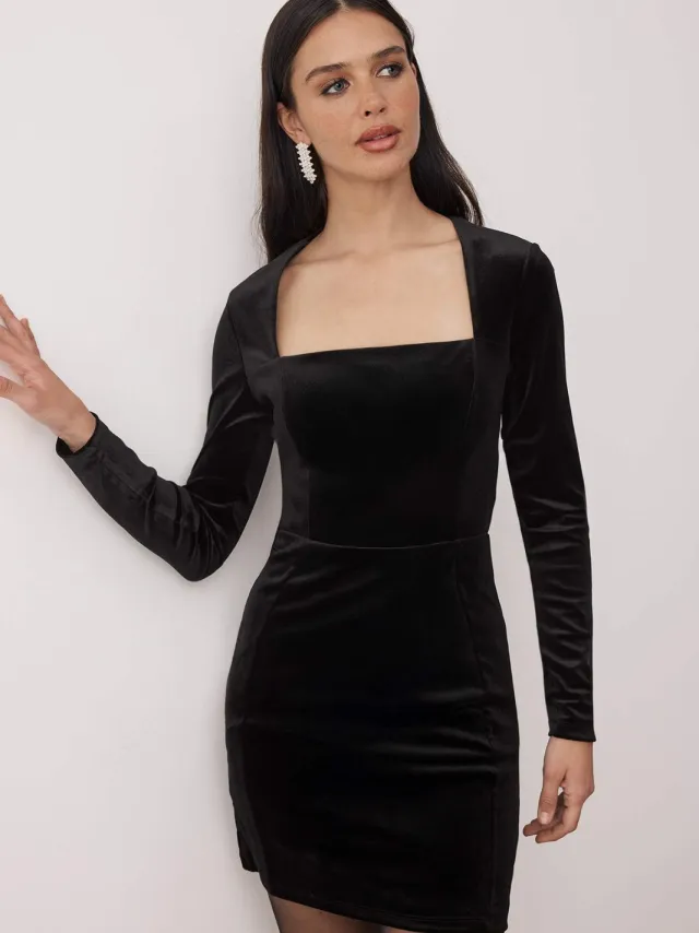 Trendyol TRENDYOLMİLLA Dames Zwart Effen Kort / Mini Lang Stijlvol/Avond Bodycon Jurken