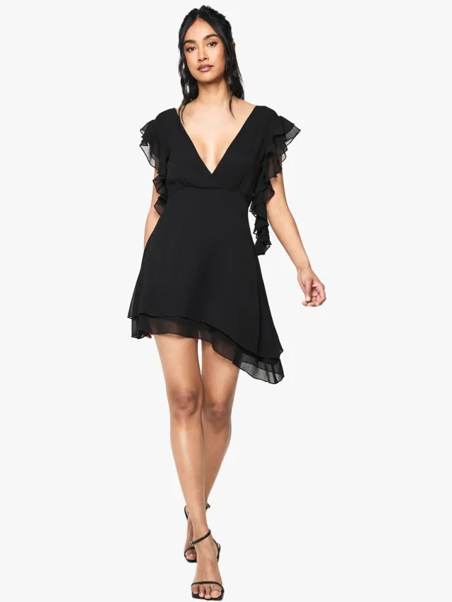 boohoo Dames Chiffon Mini Jurk met Ruffle Detail Zwart