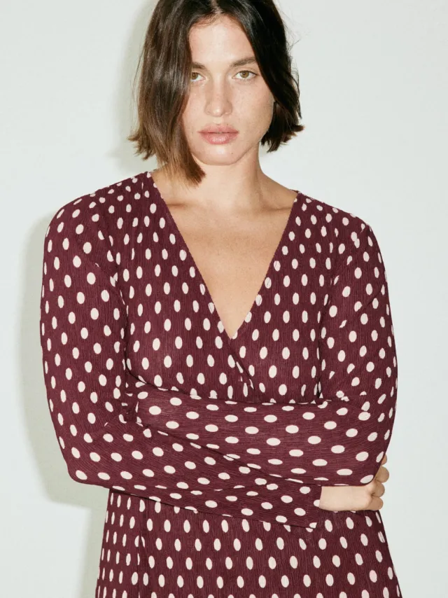 Mango midi jurk met stippen - donkerrood, foto 4