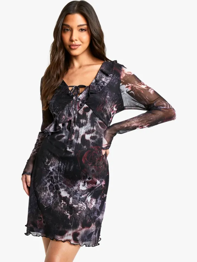 boohoo Dames Abstract Mesh Slare Sleeve Mini-jurk Zwart