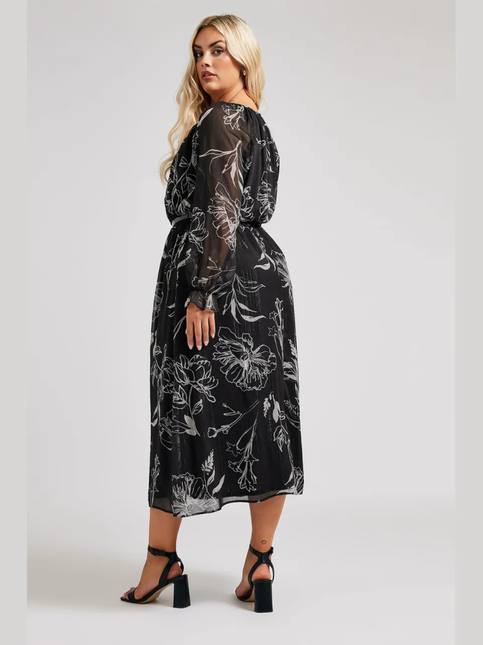 Yours London Midaxijurk Met Bloemontwerp En Riem In Metallic Zwart/Wit, foto 5