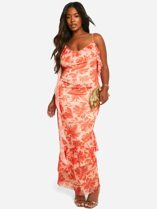 boohoo Dames Plus Maxi-jurk met bloemenprint en ruches Oranje