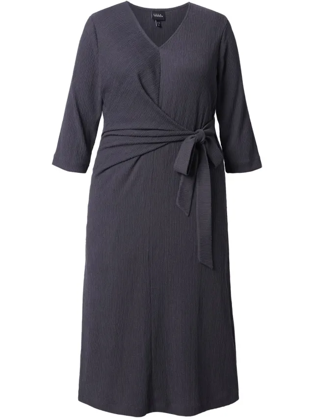 Ulla Popken Dames - Midi wikkeljurk V-hals strikceintuur 3/4-mouw - Middengrijs melange - Maat 50+