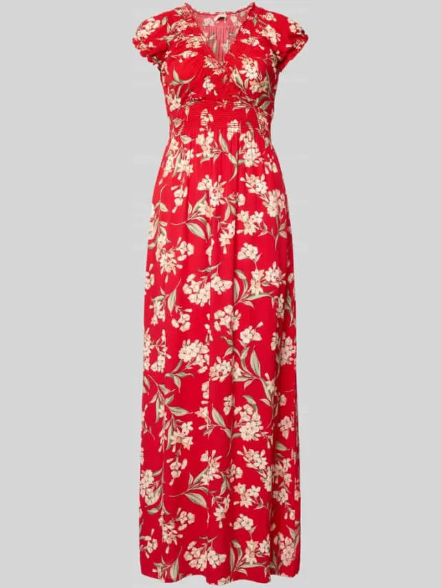 Apricot maxi-jurk van viscose met v-hals en smokdetails rood, foto 2