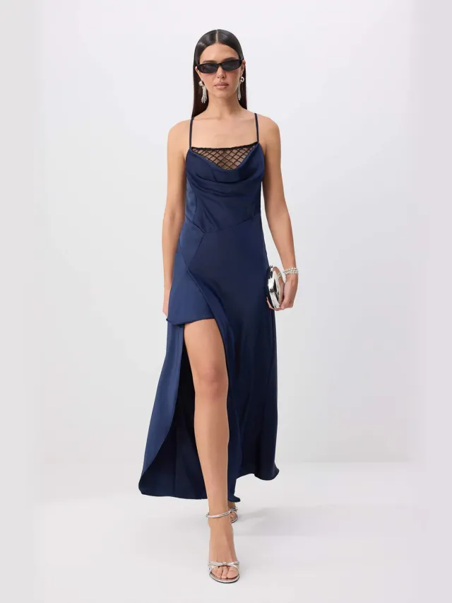 Trendyol TRENDYOLMİLLA Dames Donkerblauw Effen Maxi Mouwloos Stijlvol/Avond Slipjurken Marineblauw/Blauw