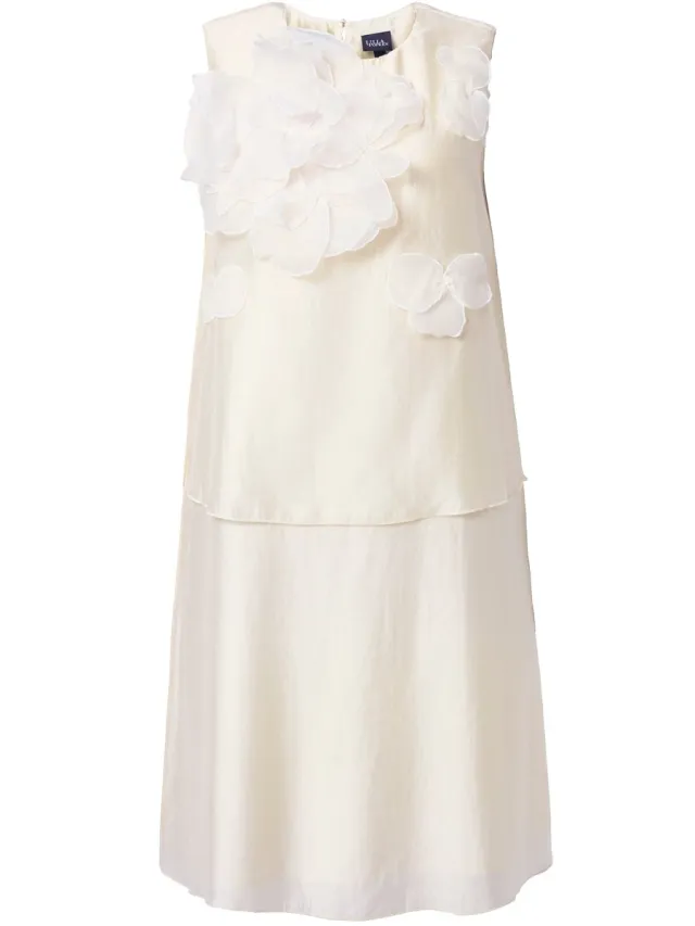 Ulla Popken Dames - Chiffon midi-jurk bloemen-applicatie ronde hals mouwloos - Parelwit