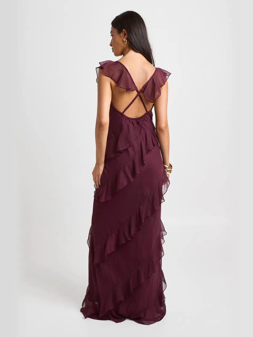 boohoo Dames Chiffon Maxi Jurk Met Ruche Detail pruim, foto 2