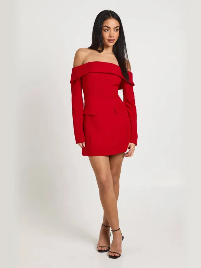 boohoo Dames Bardot Gestructureerde Mini Jurk Rood