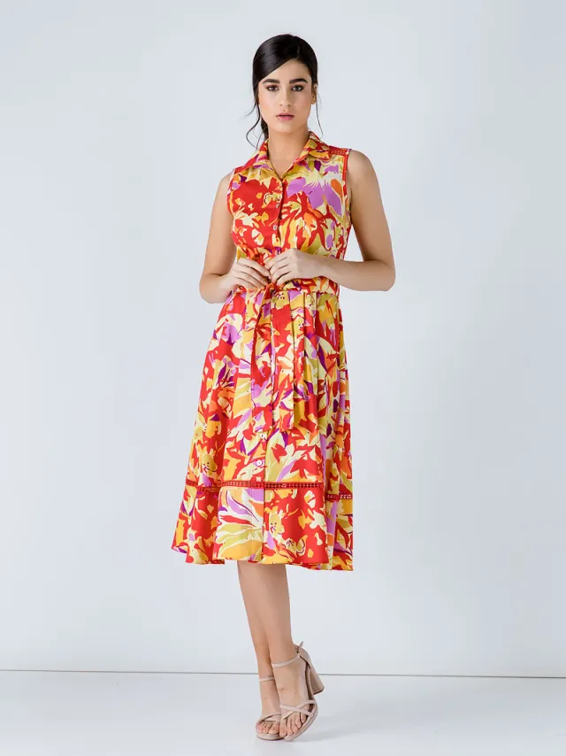 Conquista Button Detail Multicoloured Print Dress Rood