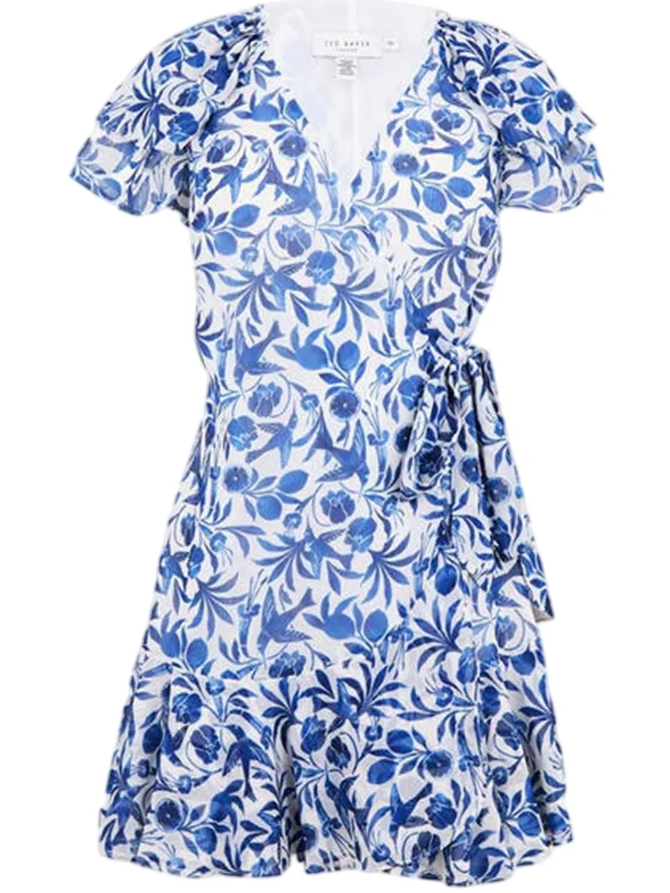 Ted Baker Geweven wikkeljurk met V-hals en bloemen- en vogelmotief voor dames (Blauw), foto 2