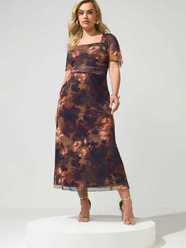 Yours London Bruine Maxijurk Met Bloemenprint En Vierkante Hals Brown