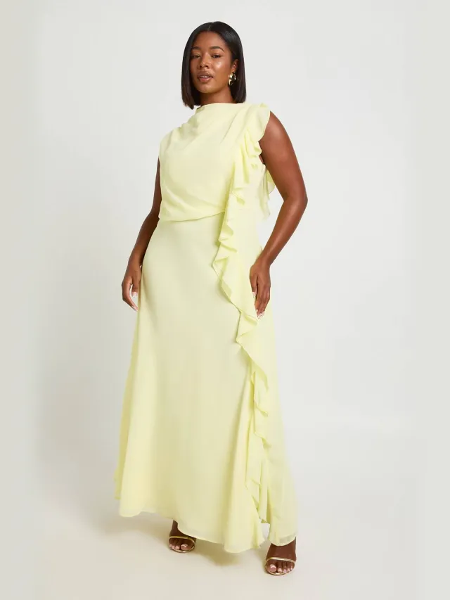 boohoo Dames Plus Chiffon Maxi Jurk Met Hoge Hals En Ruche Detail Citroen